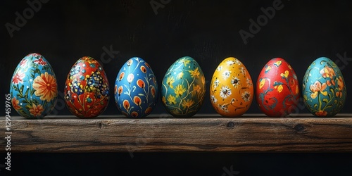 Colorful hand-painted Easter eggs arranged on a rustic wooden shelf with a dark background photo