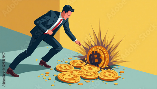 Businessperson Sawing Through Floor to Depict Bitcoin Collapse, Illustrating Cryptocurrency Market Crisis and Financial Instability