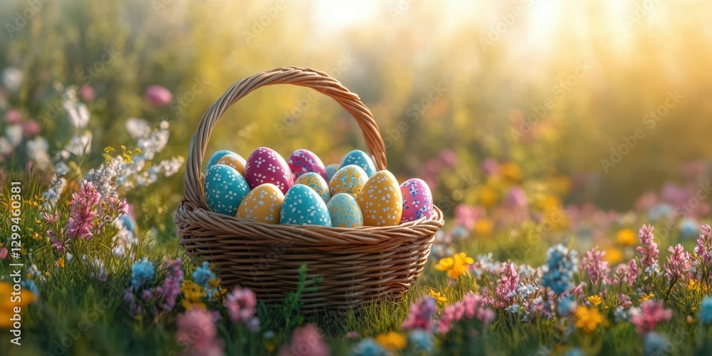 Colorful Easter eggs nestled in a basket on a vibrant spring morning amidst blooming wildflowers Colorful Easter eggs nestled in a basket on a vibrant spring morning amidst blooming wildflowers