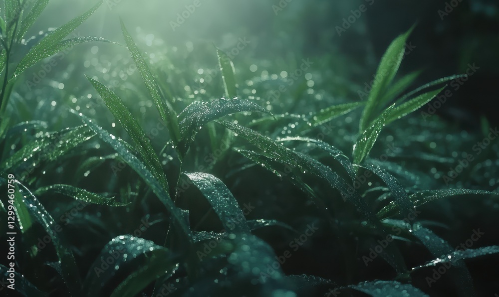 Macro shot of fresh green grass with tiny dew drops glistening under natural morning sunlight, symbolizing growth and renewal Macro shot of fresh green grass with tiny dew drops glistening under natural morning sunlight, symbolizing growth and renewal