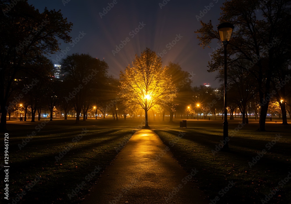 Walking Path Leading to Glowing Tree in a Dark Park at Night Walking Path Leading to Glowing Tree in a Dark Park at Night