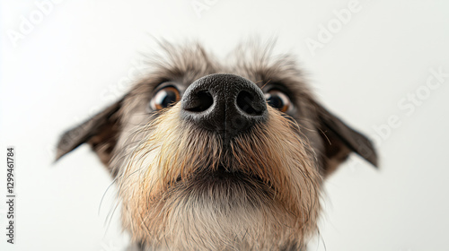 Professional Wide Angle Photograph of a Glen of Imaal Terrier with a Focus on Its Curious Expression, Set Against a White Studio Background