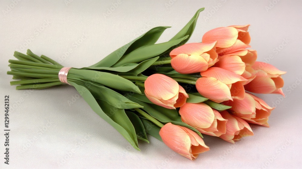 A bunch of tulips arranged in an elegant bouquet, placed gracefully on a soft pink backdrop. A bunch of tulips arranged in an elegant bouquet, placed gracefully on a soft pink backdrop.