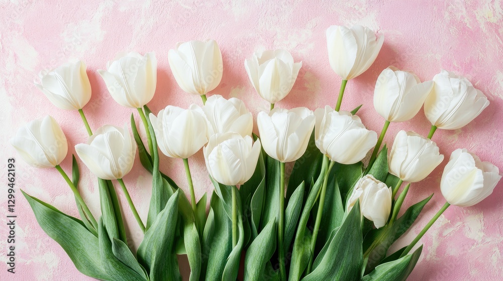 Obraz premium A bunch of tulips arranged in a perfect bouquet, set on a soft pink backdrop, capturing floral elegance.