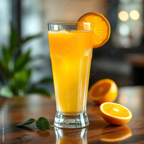 Tall glass of orange juice on a wooden table