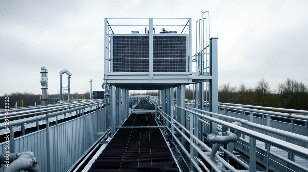 A commercial rooftop air conditioning unit with metal casings, featured against a high-tech industrial background, symbolizing large-scale cooling solutions. A commercial rooftop air conditioning unit with metal casings, featured against a high-tech industrial background, symbolizing large-scale cooling solutions.