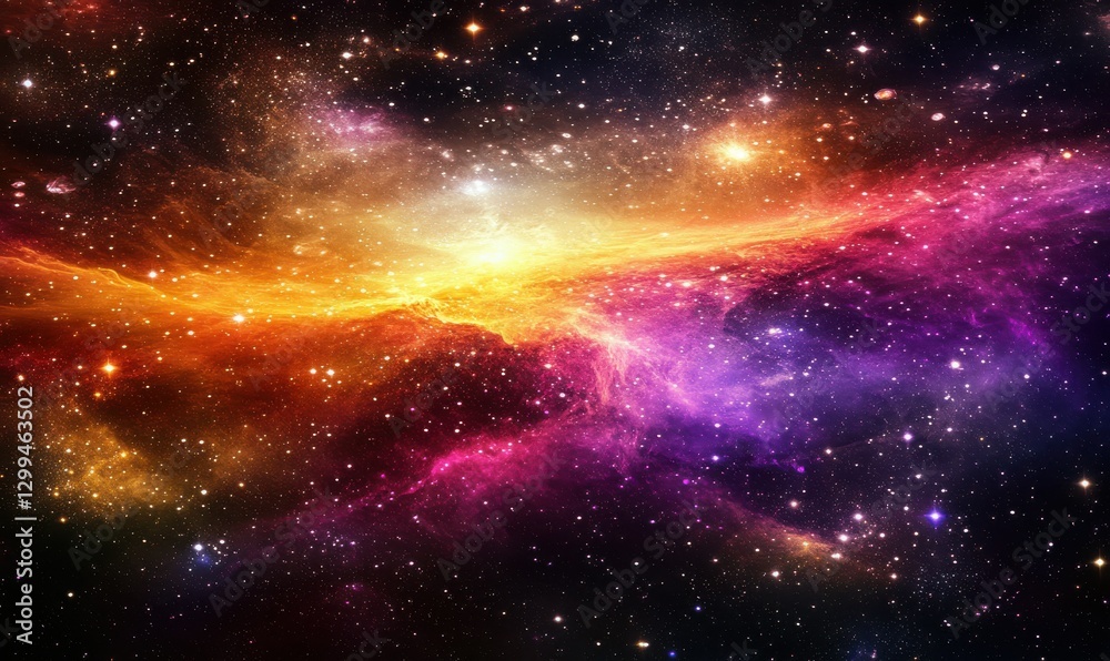 Fototapeta premium Dramatic nebula with vibrant red, purple, and gold hues, surrounded by glowing stars and cosmic dust, creating a powerful and mesmerizing space scene,