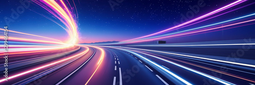 Neon Trails of Progress: A vibrant, abstract illustration of light trails streaking across a dark backdrop, symbolizing the journey towards innovation and success.