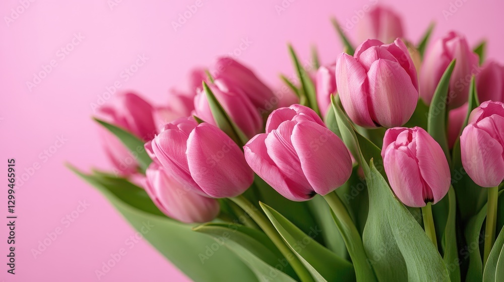 A fresh bouquet of tulips in full bloom, artistically set against a pastel pink background. A fresh bouquet of tulips in full bloom, artistically set against a pastel pink background.