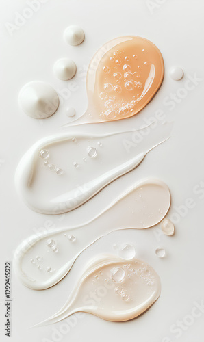 Artistic close-up of skincare and cosmetic serum textures in soft white and golden hues, featuring smooth, glossy droplets with delicate bubbles on a clean background

