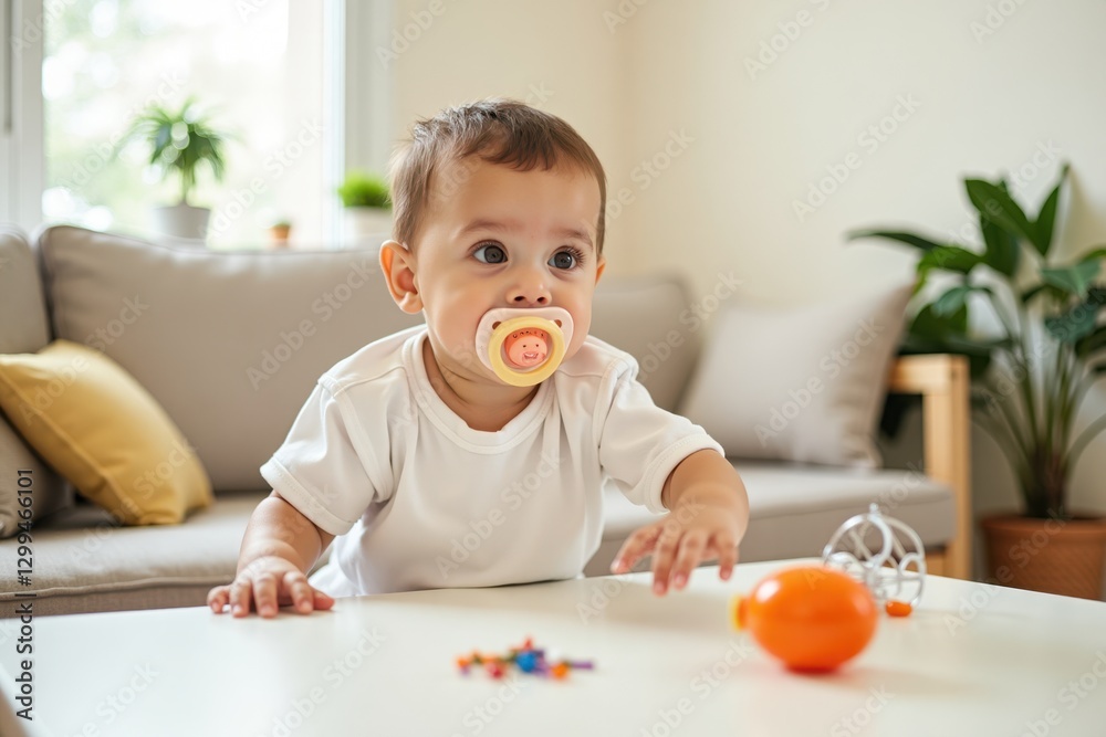 A curious baby with a pacifier is reaching for a shiny toy on a table. The background features a sunny living room with plants and cozy furniture A curious baby with a pacifier is reaching for a shiny toy on a table. The background features a sunny living room with plants and cozy furniture