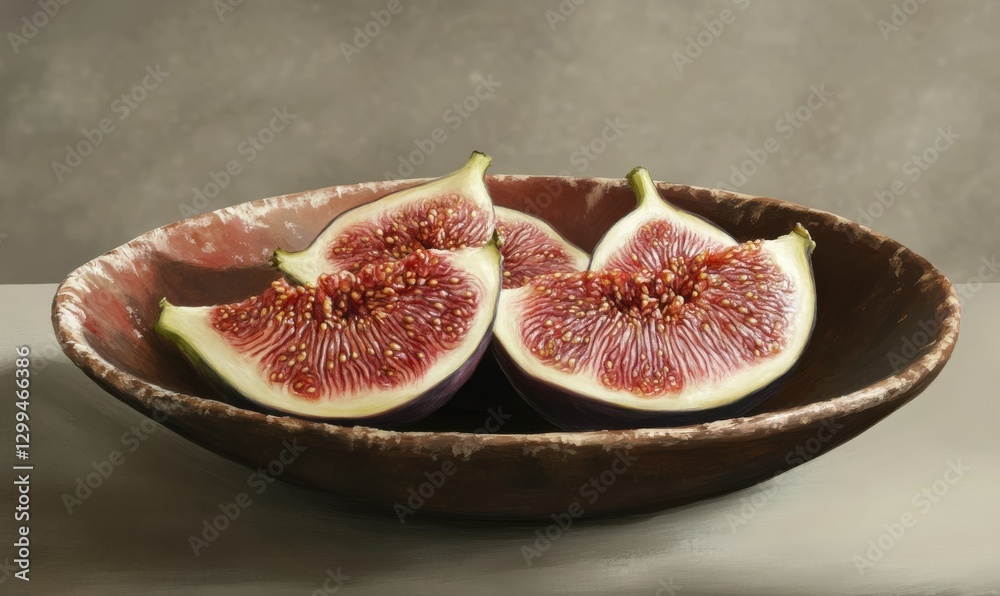 Rustic ceramic plate with fresh figs sliced open to reveal their rich textures, soft natural light emphasizing their deep purple and vibrant red tones Rustic ceramic plate with fresh figs sliced open to reveal their rich textures, soft natural light emphasizing their deep purple and vibrant red tones