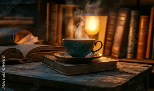 Rustic close-up of a steaming cup of coffee placed on a wooden table surrounded by books illuminated by warm light, evoking coziness and relaxation photo