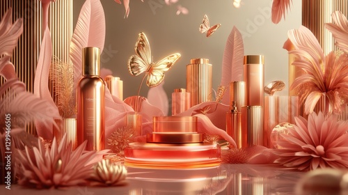 A glamorous beauty product display featuring golden butterfly details, pink floral arrangements, and a soft glowing background.