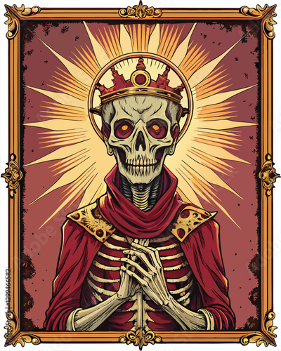 Foto A vintage-style illustration of a skeletal zombie, grinning, adorned with a sunburst halo, suggesting a paradoxical holy undead being