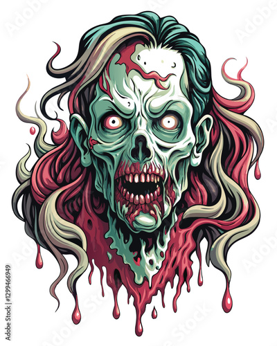 A decaying zombie face dissolves into vibrant, swirling ink patterns, showcasing a surreal blend of horror and abstract art.