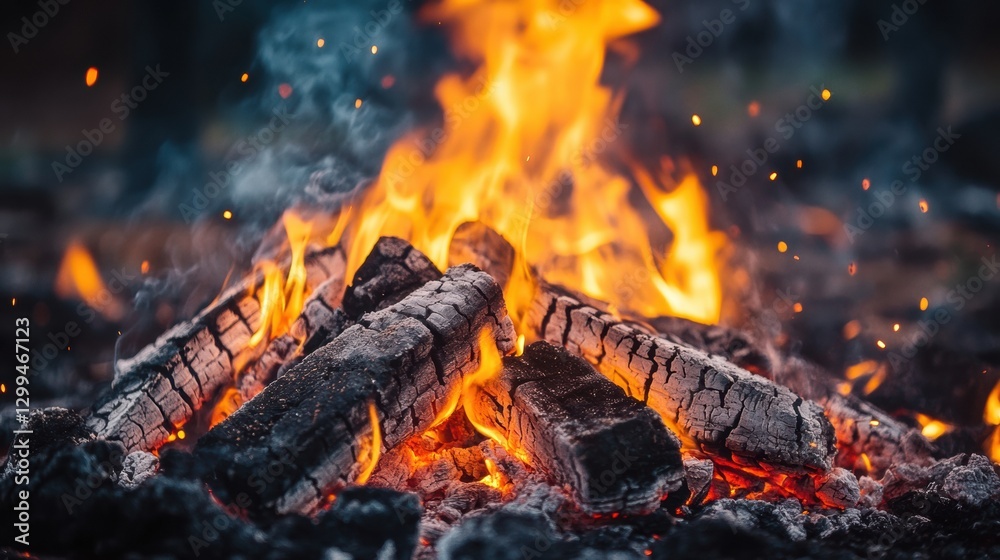 Campfire crackles brightly under the night sky creating warmth and a cozy atmosphere for outdoor gathering Campfire crackles brightly under the night sky creating warmth and a cozy atmosphere for outdoor gathering