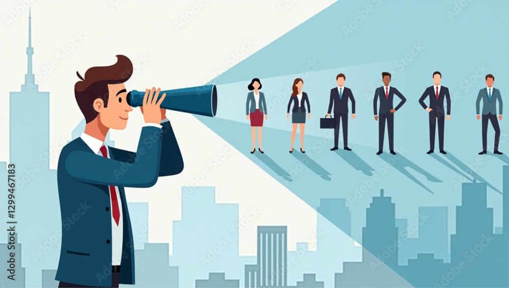 HR manager searching for job candidates with binoculars, illustrating recruitment process and talent acquisition strategies in the corporate sector HR manager searching for job candidates with binoculars, illustrating recruitment process and talent acquisition strategies in the corporate sector