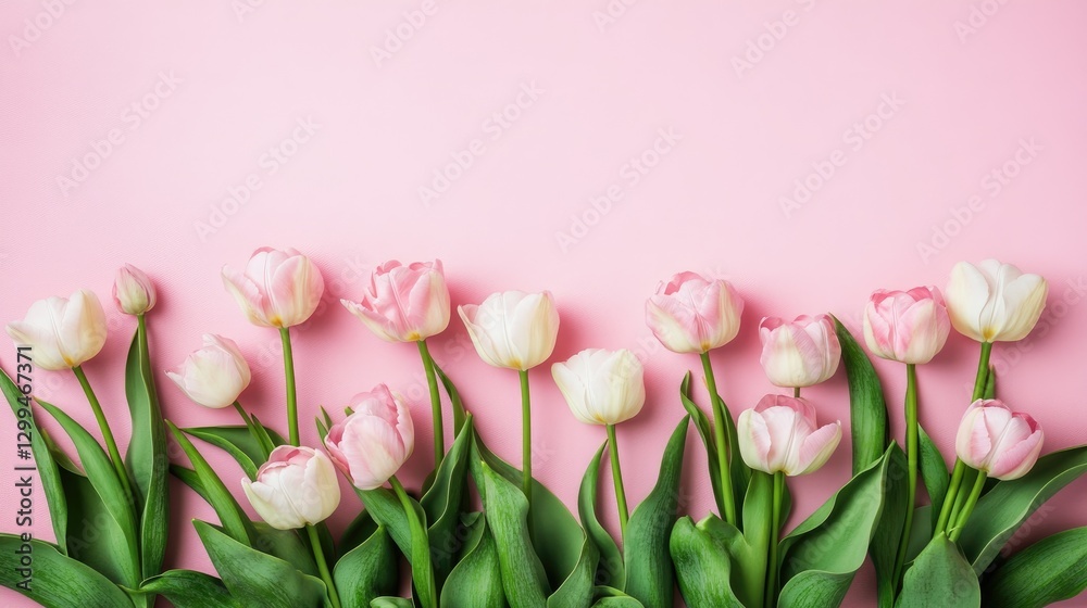 Obraz premium A graceful and artistic display of tulips in full bloom, arranged on a pastel pink background.