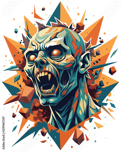A decaying zombie head explodes, scattering its brain matter as a chaotic, geometric abstract art piece.  Focus on vibrant, contrasting colors and sharp lines.
