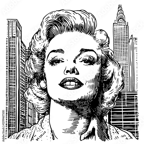 Iconic figure stands in front of urban skyline highlighting vintage charm and modern architecture in a unique artistic style