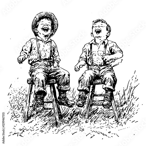Two boys laughing cheerfully while sitting on wooden stools in a grassy field on a sunny day