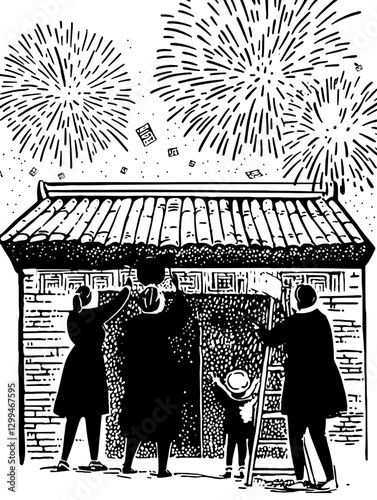 Celebration with fireworks illuminating the night sky above a traditional building