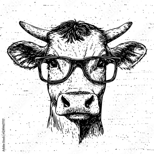 Cow wearing glasses displays a humorous and quirky attitude in an artistic black and white illustration