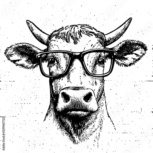 Cow wearing glasses showcases a quirky blend of farm life and humor in a creative illustration