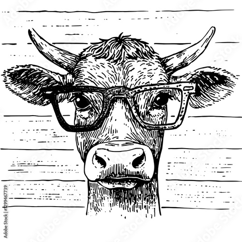 Cow with glasses showcasing a quirky personality against a rustic wooden background
