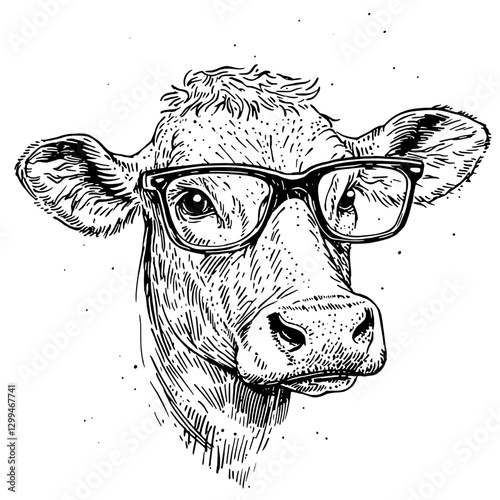 Cow wearing glasses with a serious expression looking directly at the viewer in a whimsical, detailed illustration style