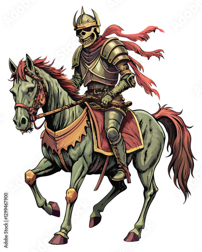 A decaying, undead knight atop a skeletal steed, rendered in a vintage woodcut style, dark and dramatic, emphasizing texture and detail.