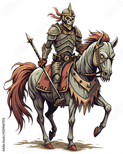 A decaying zombie knight, astride a skeletal steed, depicted in a vintage woodcut style, monochrome palette, detailed armor and horse anatomy.