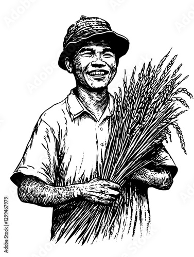 Smiling farmer holds freshly harvested wheat at sunset in a rural landscape