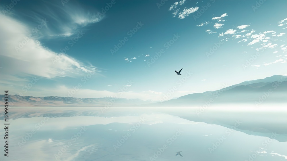 A solitary bird flying across an empty sky, capturing a vast sense of space and simplicity with clear, unobstructed lines. A solitary bird flying across an empty sky, capturing a vast sense of space and simplicity with clear, unobstructed lines.