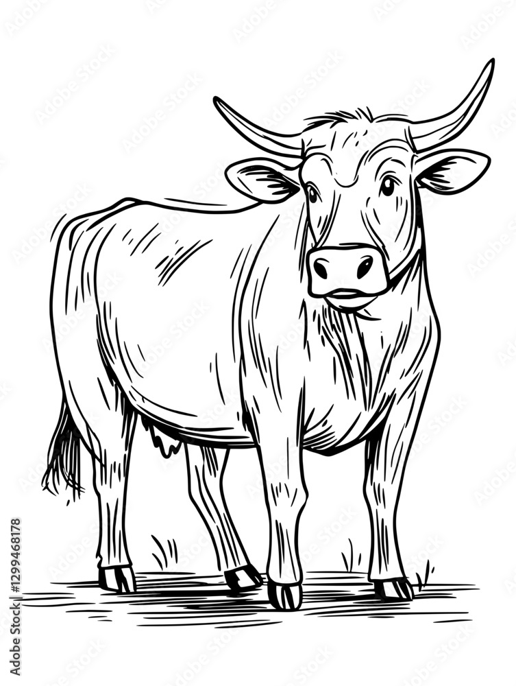 Fototapeta premium Young cow standing on a grassy field with a calm demeanor during a sunny day in a rural setting