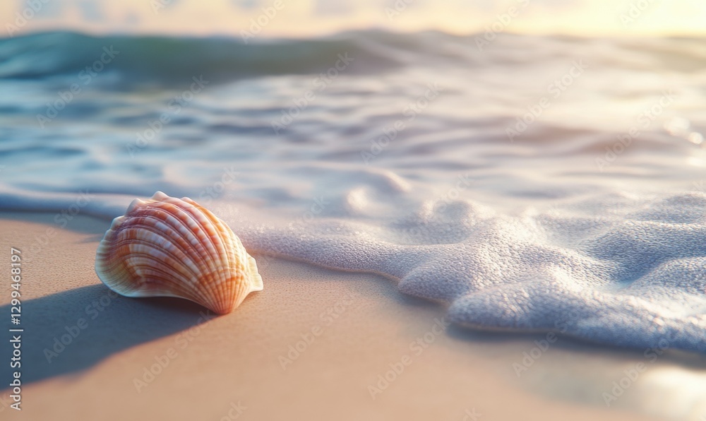 Sandy beach with smooth waves washing over a seashell, serene coastal vibe with natural textures and soft light Sandy beach with smooth waves washing over a seashell, serene coastal vibe with natural textures and soft light