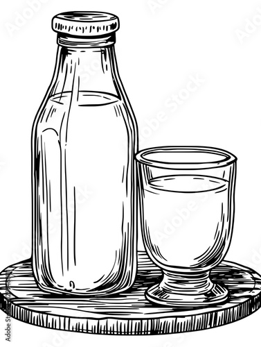 Glass and bottle of fresh milk served on a wooden tray in a rustic style kitchen