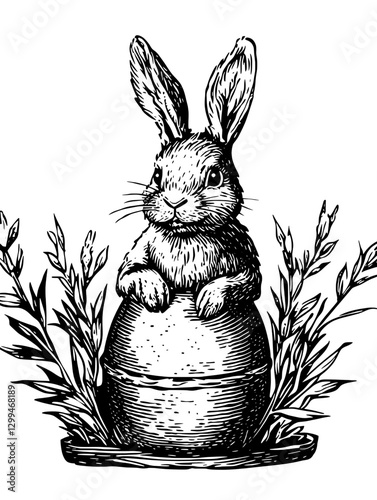 Cute rabbit sitting on Easter egg surrounded by flowers and greenery in a classic black and white illustration