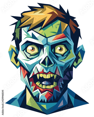 Render a zombie's face, fragmented and distorted into a Cubist style, emphasizing geometric shapes and angular features.  Retain recognizable zombie traits.