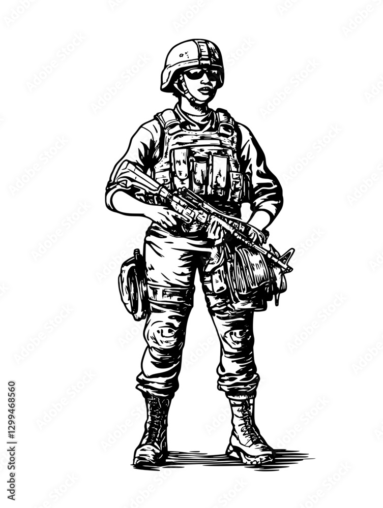 Female soldier in combat uniform stands confidently with weapon at the ready in a military setting during daytime Female soldier in combat uniform stands confidently with weapon at the ready in a military setting during daytime