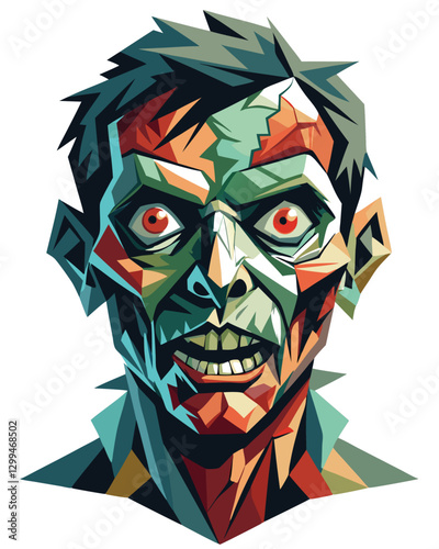A terrifying zombie face, fragmented and distorted into bold, geometric Cubist shapes, rendered in high detail.  Resurrection theme.