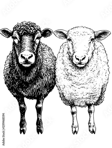 Sheep standing side by side showcasing their distinct wool textures in a simple monochrome illustration