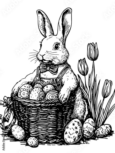 Cute rabbit in overalls sitting in a basket filled with colorful eggs surrounded by flowers