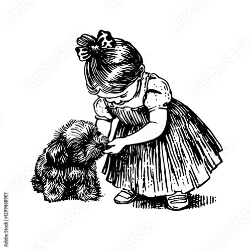 Little girl feeding a puppy in a garden on a sunny afternoon