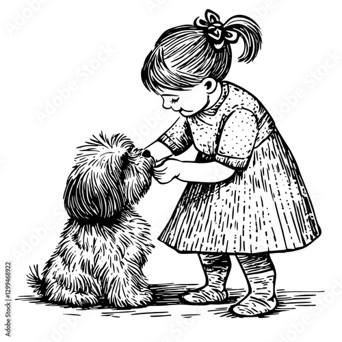 Little girl interacts with a fluffy dog in a joyful moment at home during a sunny afternoon