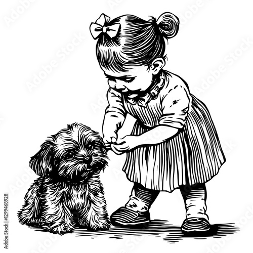 Little girl with a bow playing with a fluffy dog in a cozy indoor setting during afternoon leisure time