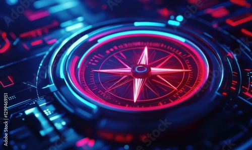 Wallpaper Mural High-tech neon compass glowing in vibrant red and blue hues, guiding through a futuristic digital landscape. Torontodigital.ca