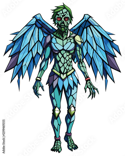 A terrifying winged zombie, its leathery wings composed of jagged, colorful stained-glass shards, rises amidst a decaying cityscape.