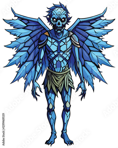 A terrifying winged zombie, its skeletal wings crafted from shards of vibrant stained glass, hovering amidst a decaying cityscape.